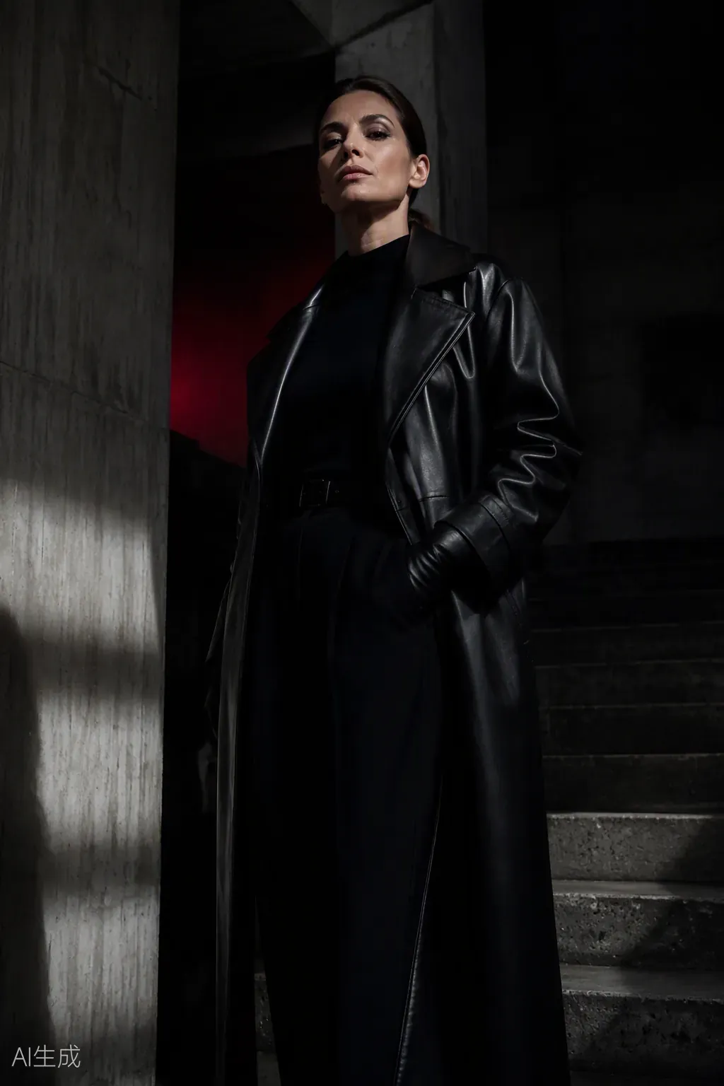 Marlene, Findomme aus Hamburg, schwarzer Ledermantel in Betonarchitektur